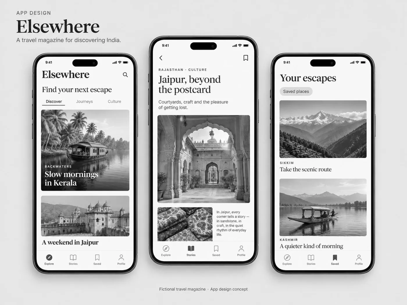 Elsewhere travel magazine app on three phones