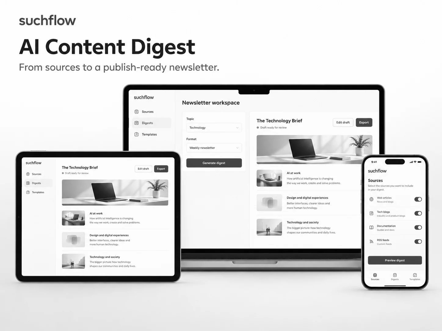 suchflow AI Content Digest shown on laptop, tablet and phone screens